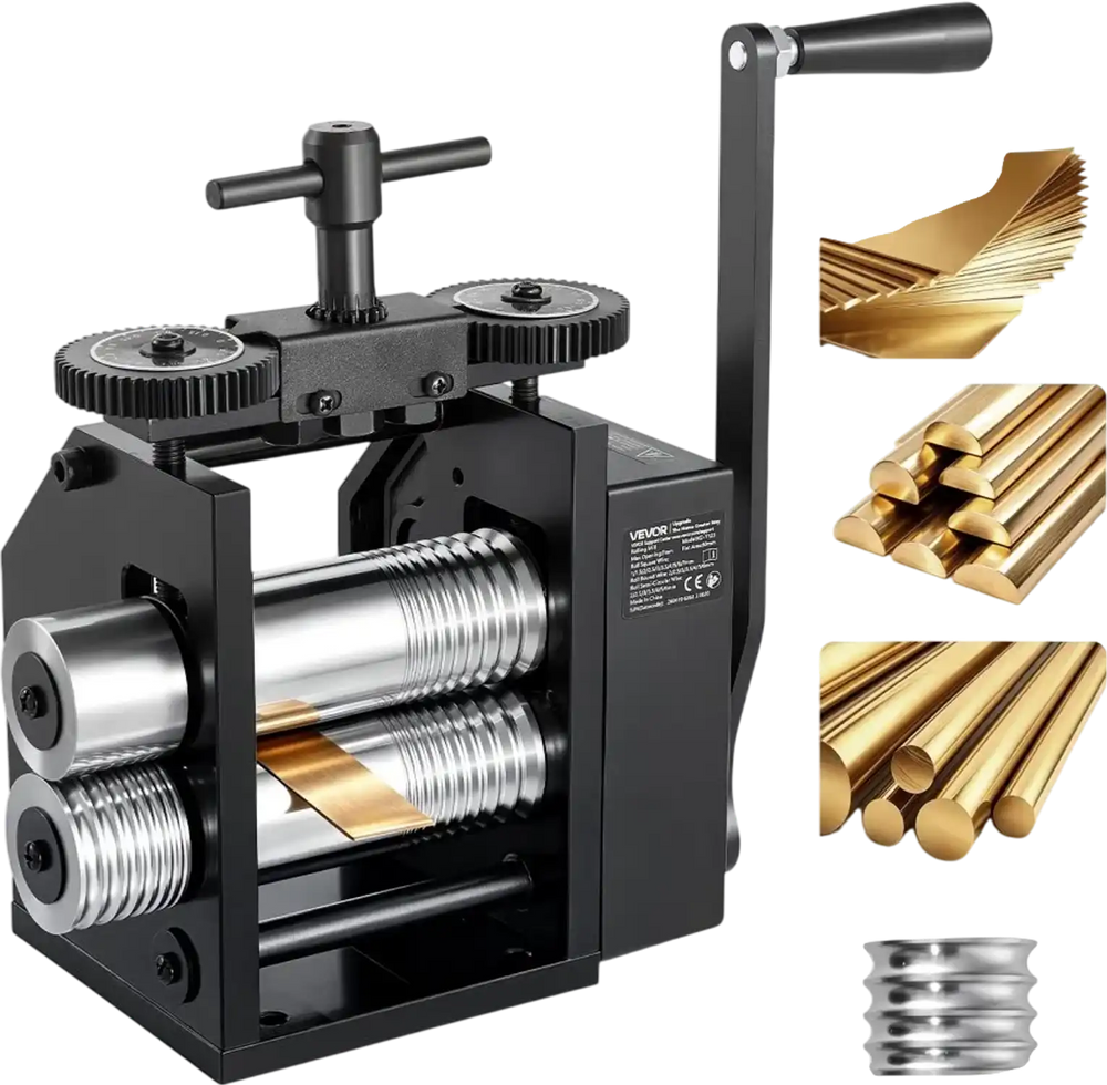 VEVOR Rolling Mill 4-in-1 Round Flat Square Half-Round Pressing Roller Mill, Manual Jewelry DIY Tool, 0.03-7 mm Adjustable Thickness, Stable & Even Rolling, for Ductile Metals, Gold, Silver, Copper