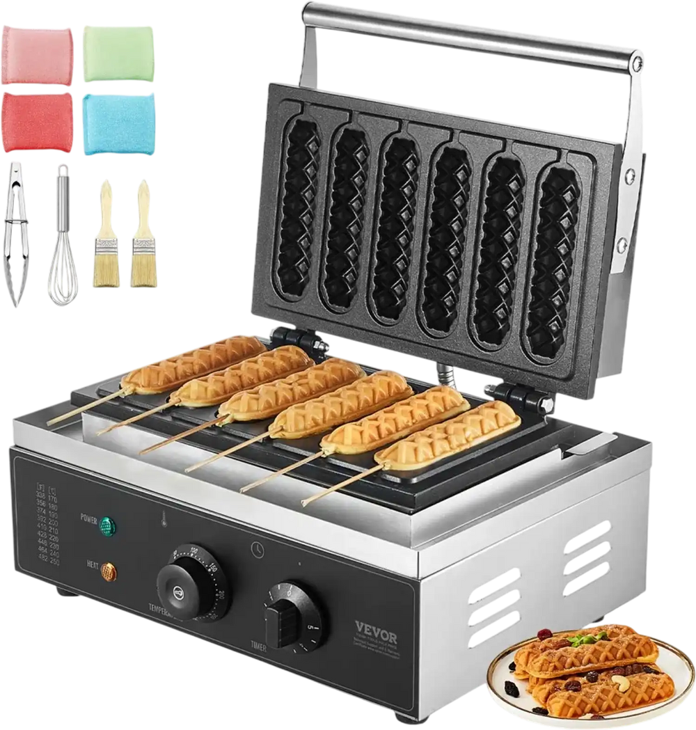 VEVOR Commercial Waffle Stick Maker, 6PCS 1500W Waffle Baker Machine, Non-Stick Stainless Steel Corn Hot Dog Waffle Iron with Temp and Time Control, Handle, for Restaurant Bakery Snack Bar Family