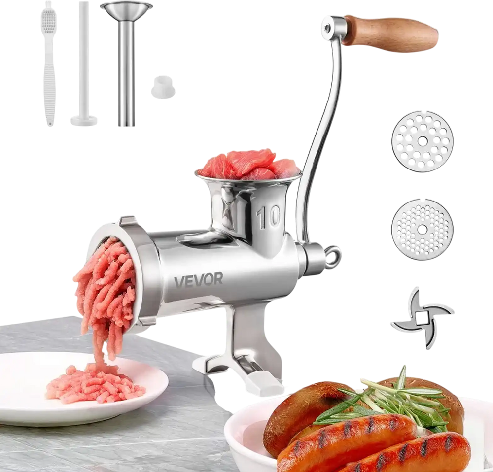 VEVOR Manual Meat Grinder, 304 Stainless Steel Hand Meat Grinder with Steel Table Clamp, Meat Mincer Sausage Maker with 1 Cutting Blade, 2 Cutting Plates, Sausage Tube for Beef Pork Pepper Mushroom