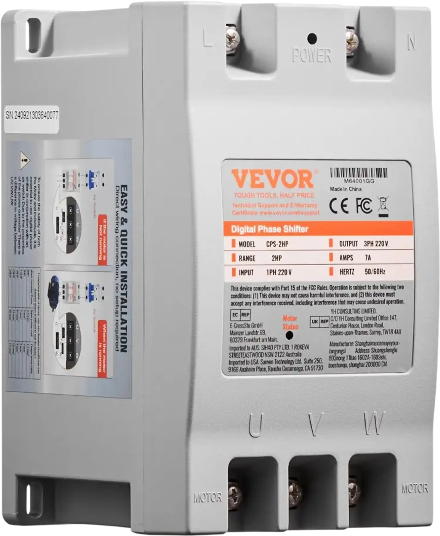 Vevor Phase Converter 220V Single Phase to 3 Phase 2HP Digital Shifter New