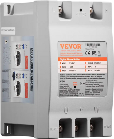VEVOR 3 Phase Converter - 2HP 7A 220V Single Phase to 3 Phase Converter, 220V Input/Output, Digital Phase Shifter for Residential & Light Commercial Use (One Converter for One Motor Only)