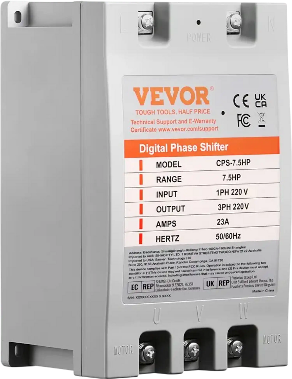 VEVOR 3 Phase Converter- 7.5HP 23A 220V Single Phase to 3 Phase Converter, Digital Phase Shifter for Residential & Light Commercial Use, 220V Input/Output (One DPS Must Be Used on One Motor Only)