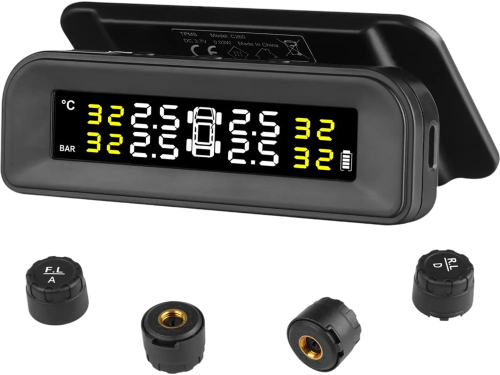 VEVOR RV Tire Pressure Monitoring System, 7.3-87 PSI Trailer TPMS, Universal Wireless Car Alarm System, Waterproof TPMS Sensors Set with Solar Charge, 4 Sensors, 5 Alarm Modes, and Real-time Display