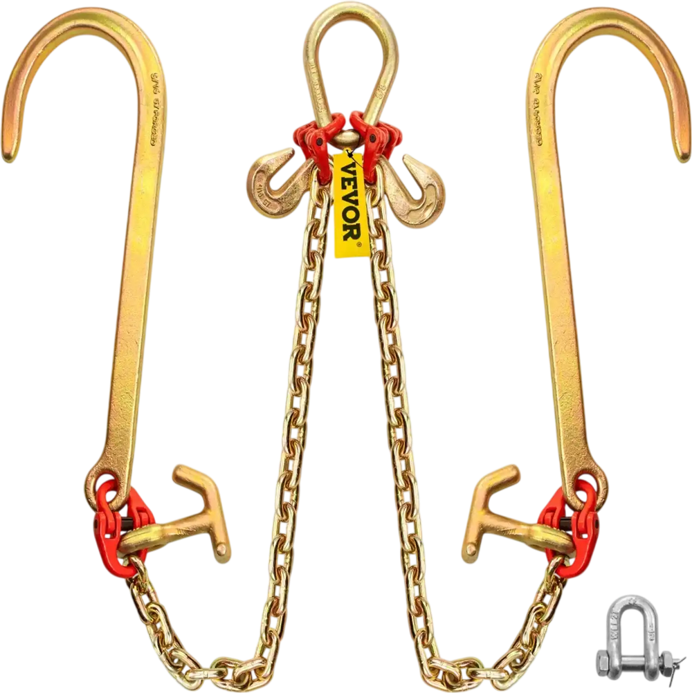 VEVOR G80 V Bridle Chain, 5/16" x 2' Towing Chain Bridle with 15" J Hooks, R Hooks & Grab Hooks, Heavy Duty Transport Chain Bridle with 10800 lbs Safe Working Load for Flatbed Truck Wrecker Recovery