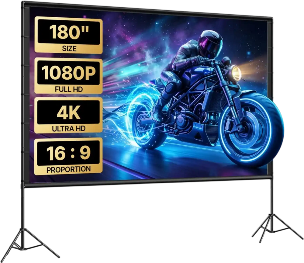 VEVOR Projector Screen with Stands, 180 Inch 16:9 4K 1080P HD Movie Screen, 170° Wide Viewing, Front/Rear Projection Screen with Dual Tripod, Ground Stakes & Guy Ropes for Indoor Outdoor Movie Nights