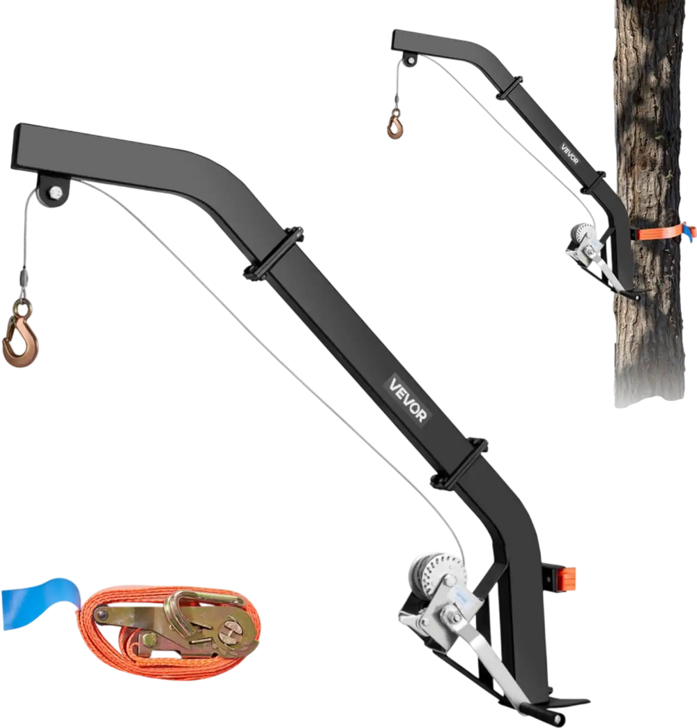 VEVOR Tree Mounted Deer Hoist, 353 lbs Load Capacity, Hunting Game Hoist Winch Lift with Ratchet Strap, Heavy Duty Deer Hanger for Skinning, Cleaning, Hanging Feed, and Field Dressing, Black
