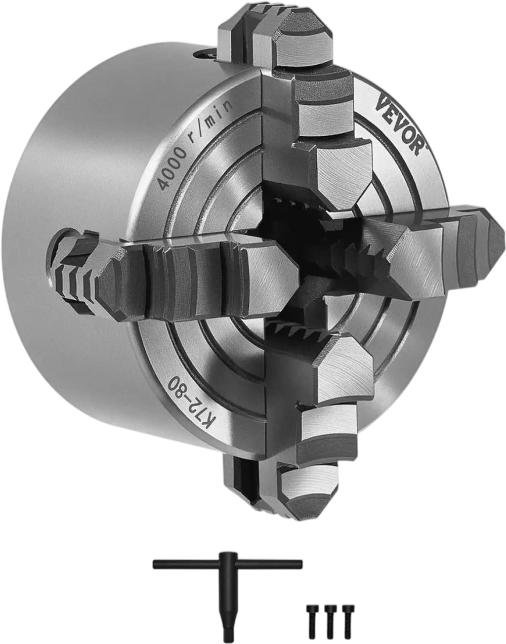 VEVOR 4-Jaw Lathe Chuck, 3 Inch (80 mm), 4-Jaw Independent Chuck, 0.1-3.15 in (5-80 mm) Clamping Range with T-key Fixing Screws Reversible Jaws, HT300 Material, Internal External for Wood Metal Lathe