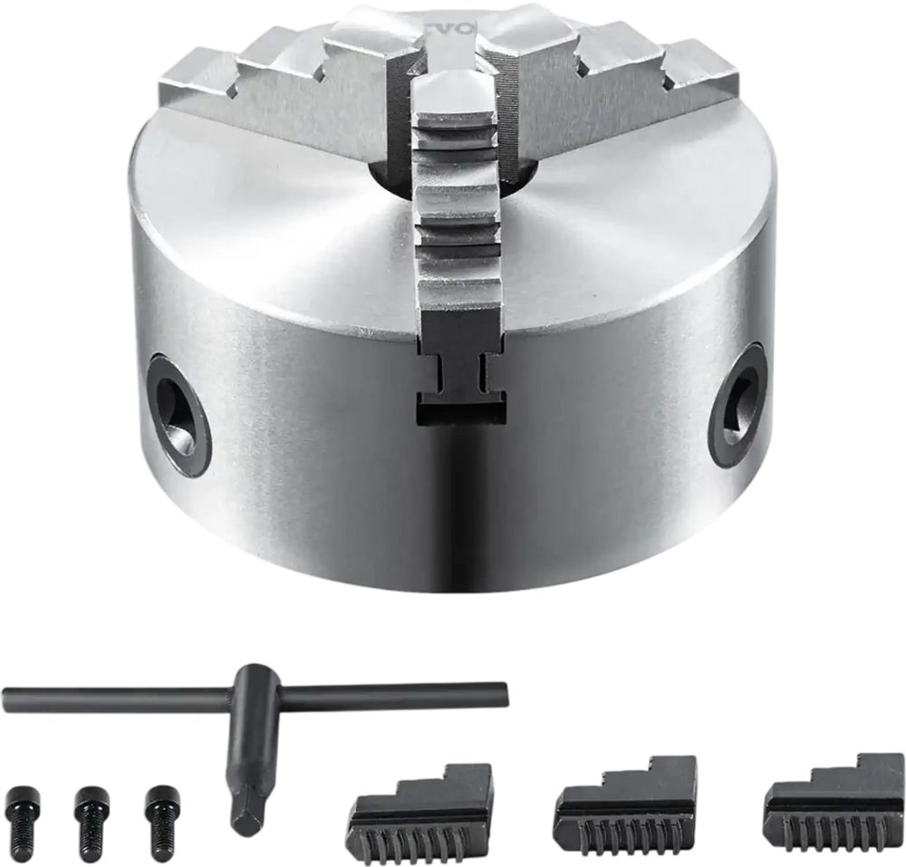 VEVOR 3-Jaw Lathe Chuck, 6'', Self-Centering Lathe Chuck, 0.14- 6.3 in/3.5-160 mm Clamping Range with T-key Fixing Screws Reversible Jaws, for Lathe 3D Printer Machining Center Milling Drilling Machin