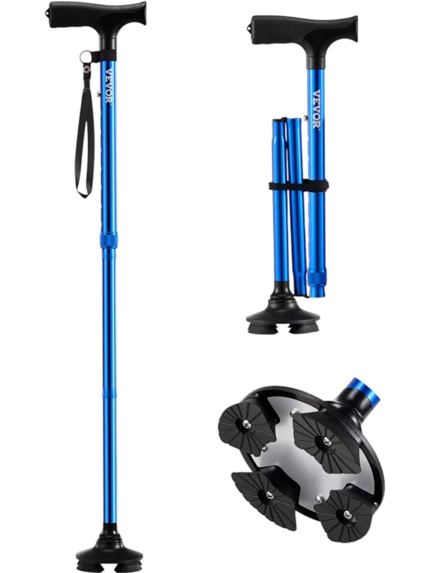 Vevor Walking Cane Folding Adjustable 4-Pronged Pivoting Base Blue New