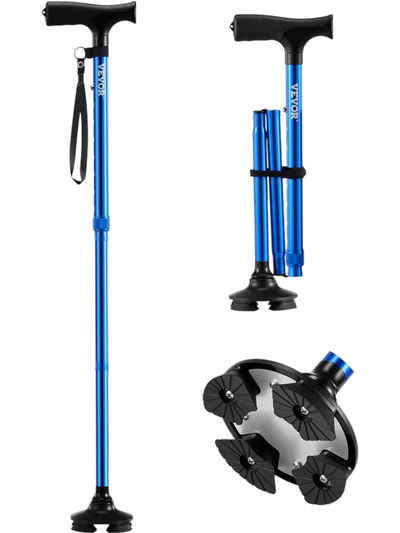 Vevor Walking Cane Folding Adjustable 4-Pronged Pivoting Base Blue New