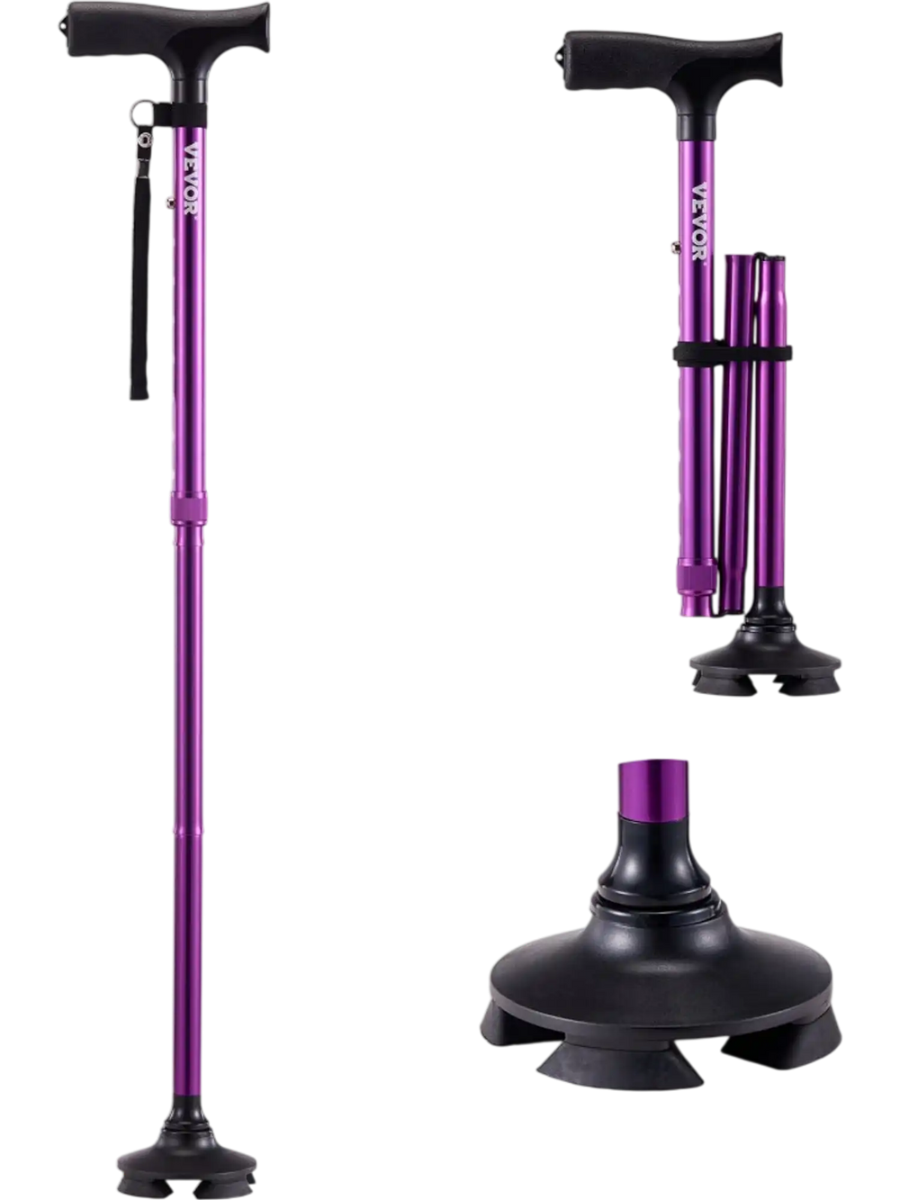 VEVOR Walking Cane for Man Woman, Folding Walking Stick with 8-Level Adjustable Height, 4-Pronged Pivoting Base, Lightweight & Portable Aluminum Mobility Aid for Senior Adults, 250LBS Loading (Purple)
