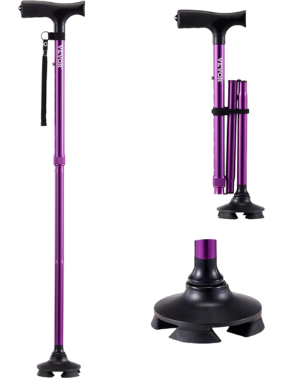 Vevor Walking Cane Folding Walking Stick with 8-Level Height & 4-Pronged Pivoting Base New