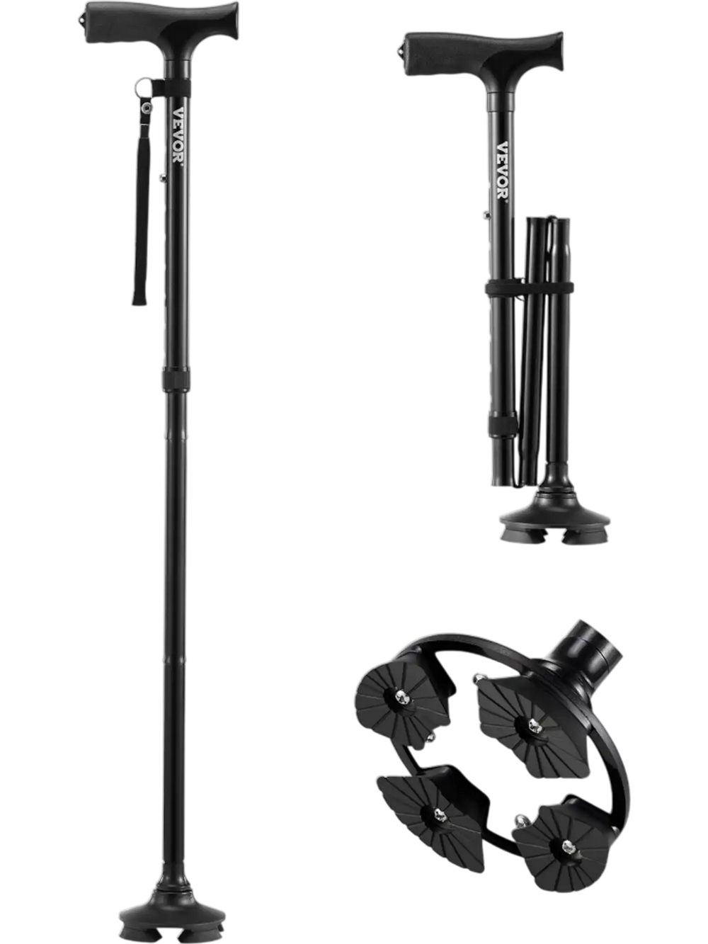 VEVOR Walking Cane for Man Woman, Folding Walking Stick with 8-Level Adjustable Height, 4-Pronged Pivoting Base, Lightweight & Portable Aluminum Mobility Aid for Seniors Adults, 250LBS Loading (Black)