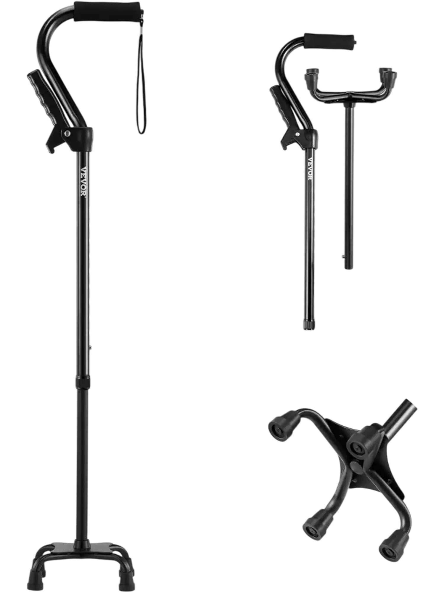 Vevor Walking Cane Quad 10-Level Height Adjustable 4-Pronged Stable Base Black New