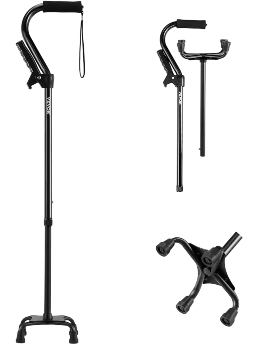 VEVOR Quad Walking Cane, 10-Level Height Adjustable Walking Stick with 4-Pronged Stable Base, Lightweight & Portable Aluminum Mobility Walking Aid for Seniors Adults Man Woman, 250LBS Loading Capacity