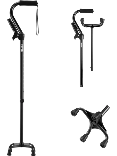 Vevor Walking Cane Quad 10-Level Height Adjustable 4-Pronged Stable Base Black New
