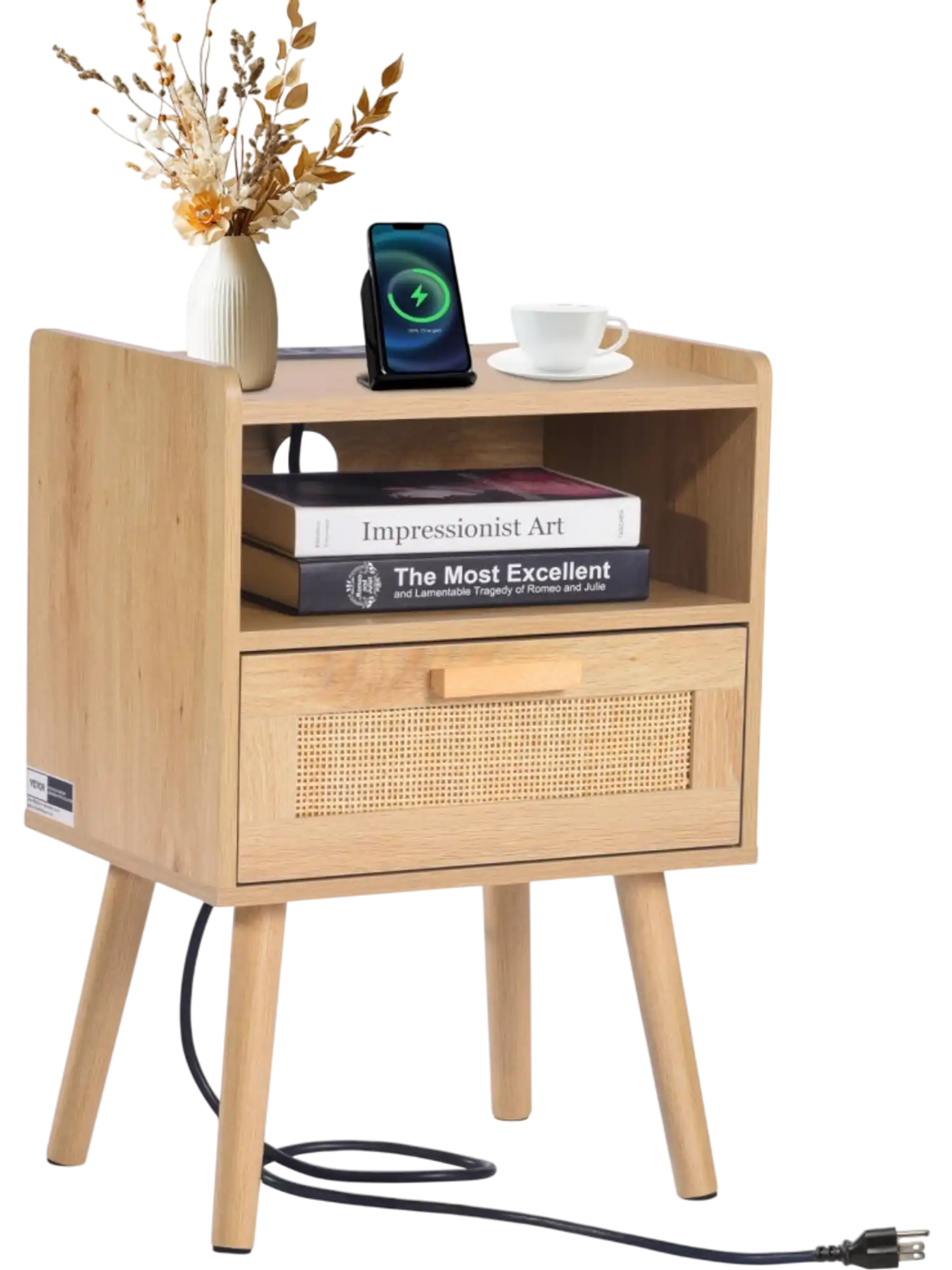 Vevor Nightstand Wood & Rattan Boho Bedside End Table with Charging Station New