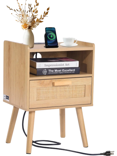 VEVOR Rattan Nightstand, Boho Bedside Table with Drawer Open Shelf, Rattan End Table Wooden Nightstand with Solid Wood Legs, Rattan Side Table with Charging Station, for Bedroom, Study & Living Room