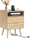VEVOR Rattan Nightstand, Boho Bedside Table with Open Shelf 2 Drawers, Rattan End Table Nightstand with Solid Wood Legs, Rattan Bedside Table with Charging Station, for Bedroom, Study & Living Room