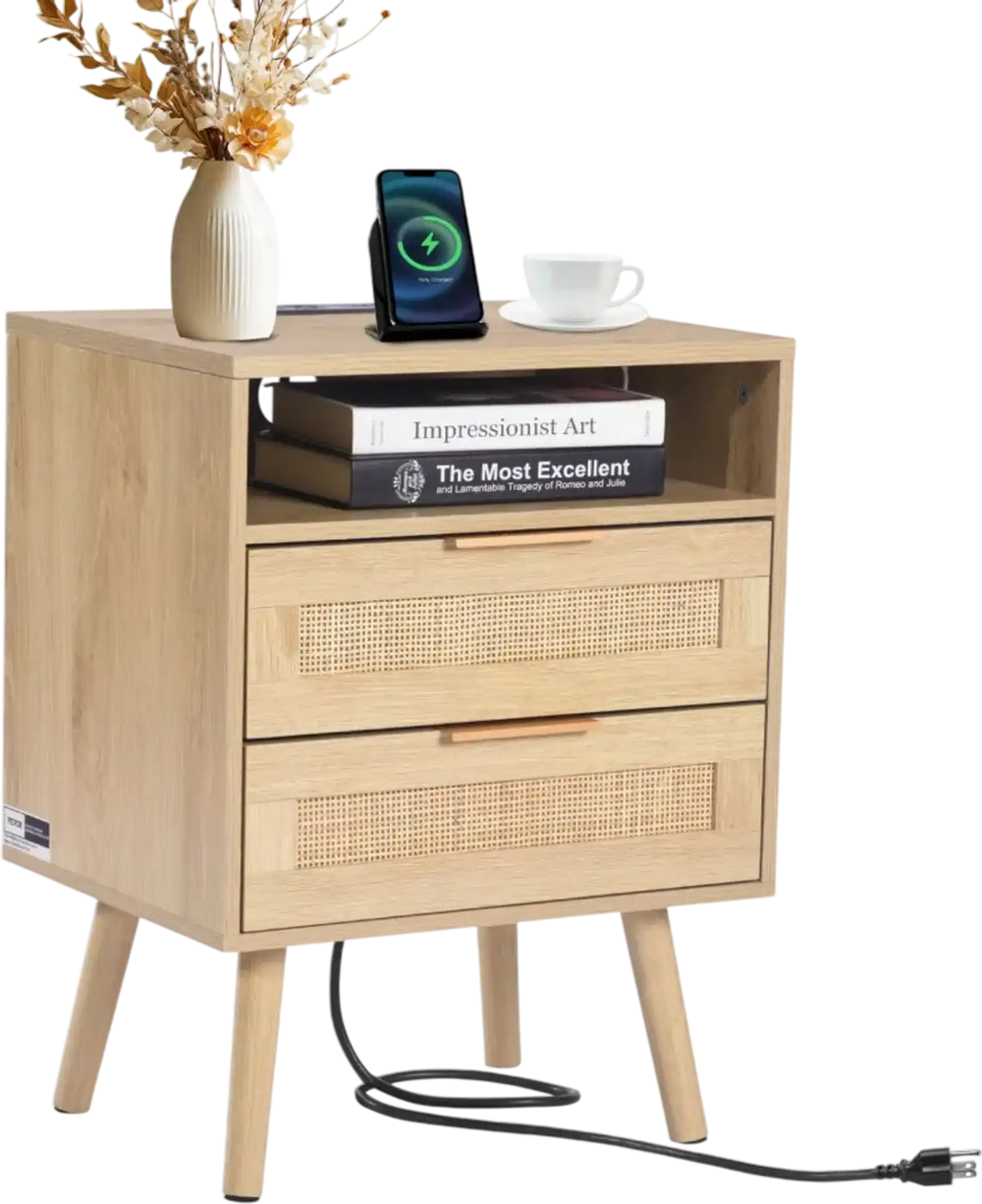 VEVOR Rattan Nightstand, Boho Bedside Table with Open Shelf 2 Drawers, Rattan End Table Nightstand with Solid Wood Legs, Rattan Bedside Table with Charging Station, for Bedroom, Study & Living Room