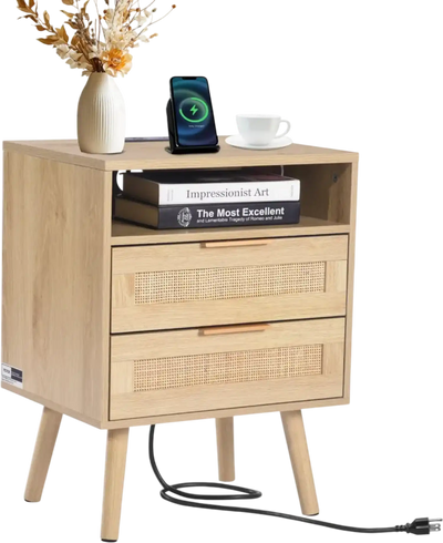 Vevor Nightstand Rattan Bedside Table with Open Shelf 2 Drawers Charging Station New