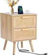 VEVOR Rattan Nightstand, Boho Bedside Table with 2 Drawers, Rattan End Table Nightstand with Solid Wood Legs, Rattan Bedside Table with Charging Station, for Bedroom, Study & Living Room