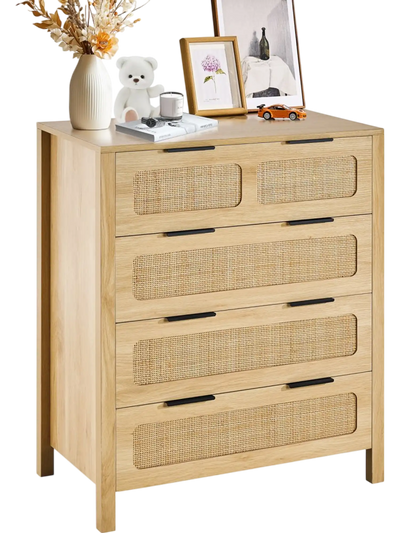 Vevor Dresser 4 Drawer Rattan Chest of Drawers Natural Wood New