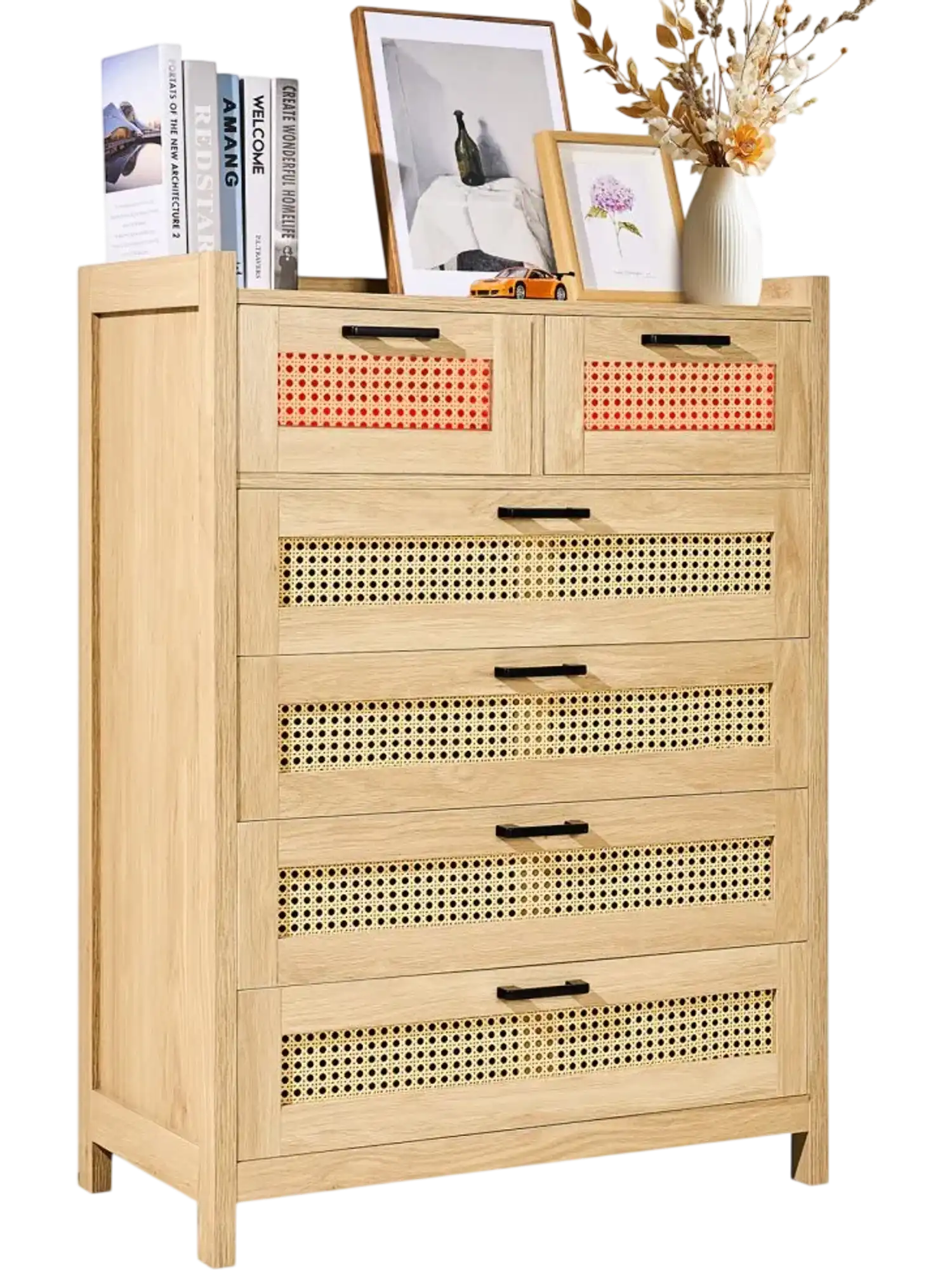 Vevor Dresser 5-Drawer Rattan Boho Storage Cabinet Brown New