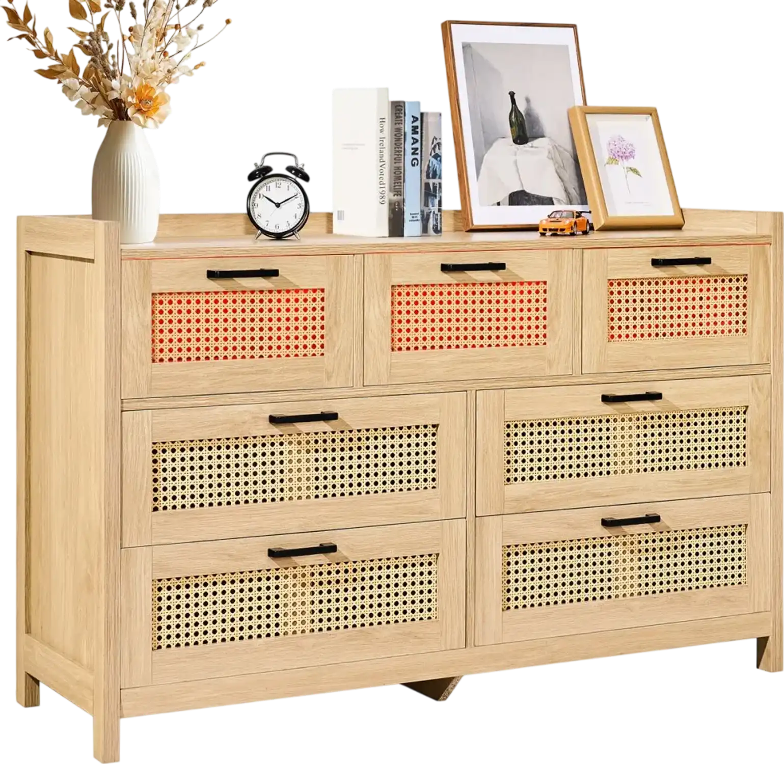 Vevor Dresser 7-Drawer Natural Rattan Wood with LED Light New