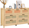 VEVOR 7 Drawer Rattan Dresser, Natural Rattan Wood Dressers with LED Light, Modern Wood Chest Clothing Organizer & Storage Boho Dresser with Sturdy Handles & Legs, for Bedroom, Living Room & Hallway