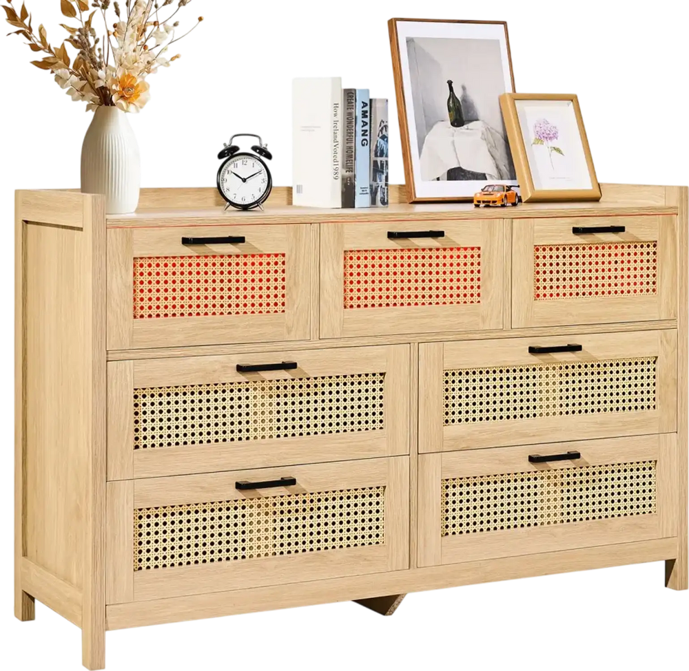 VEVOR 7 Drawer Rattan Dresser, Natural Rattan Wood Dressers with LED Light, Modern Wood Chest Clothing Organizer & Storage Boho Dresser with Sturdy Handles & Legs, for Bedroom, Living Room & Hallway