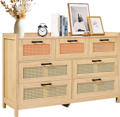 Vevor Dresser 7-Drawer Natural Rattan Wood with LED Light New