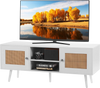 VEVOR Rattan TV Stand, Boho TV Cabinet for 55 inch TV, Mid Century Modern TV Stand, Rattan TV Console with Adjustable Shelfs for  Living Room, Media Room, White