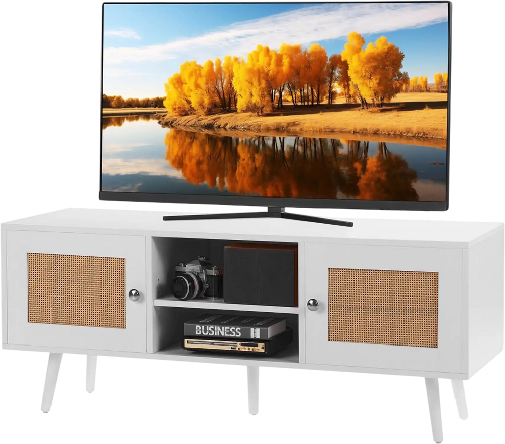 VEVOR Rattan TV Stand, Boho TV Cabinet for 55 inch TV, Mid Century Modern TV Stand, Rattan TV Console with Adjustable Shelfs for  Living Room, Media Room, White