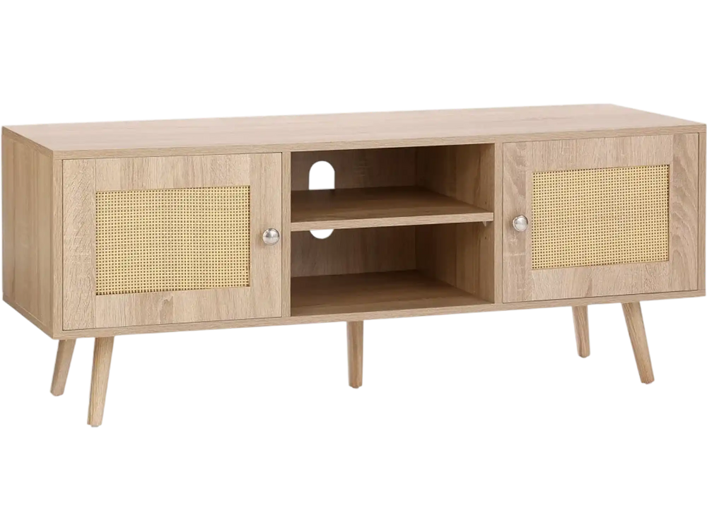 VEVOR Rattan TV Stand, Boho TV Cabinet for 55 inch TV, Mid Century Modern TV Stand, Rattan TV Console with Adjustable Shelfs for  Living Room, Media Room, Oak