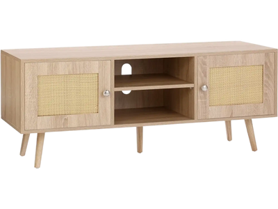 VEVOR Rattan TV Stand, Boho TV Cabinet for 55 inch TV, Mid Century Modern TV Stand, Rattan TV Console with Adjustable Shelfs for  Living Room, Media Room, Oak