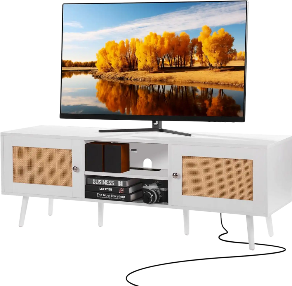 VEVOR Rattan TV Stand for 65 inch TV, Boho TV Stand with Rattan Door, Entertainment Center with Build-in Socket and USB Ports, Modern TV Console for Living Room, Media Room, White