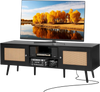 VEVOR Rattan TV Stand for 65 inch TV, Boho TV Stand with Rattan Door, Entertainment Center with Build-in Socket and USB Ports, Modern TV Console for Living Room, Media Room, Black