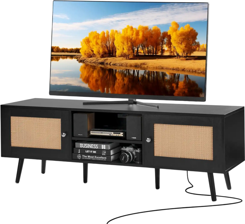 VEVOR Rattan TV Stand for 65 inch TV, Boho TV Stand with Rattan Door, Entertainment Center with Build-in Socket and USB Ports, Modern TV Console for Living Room, Media Room, Black
