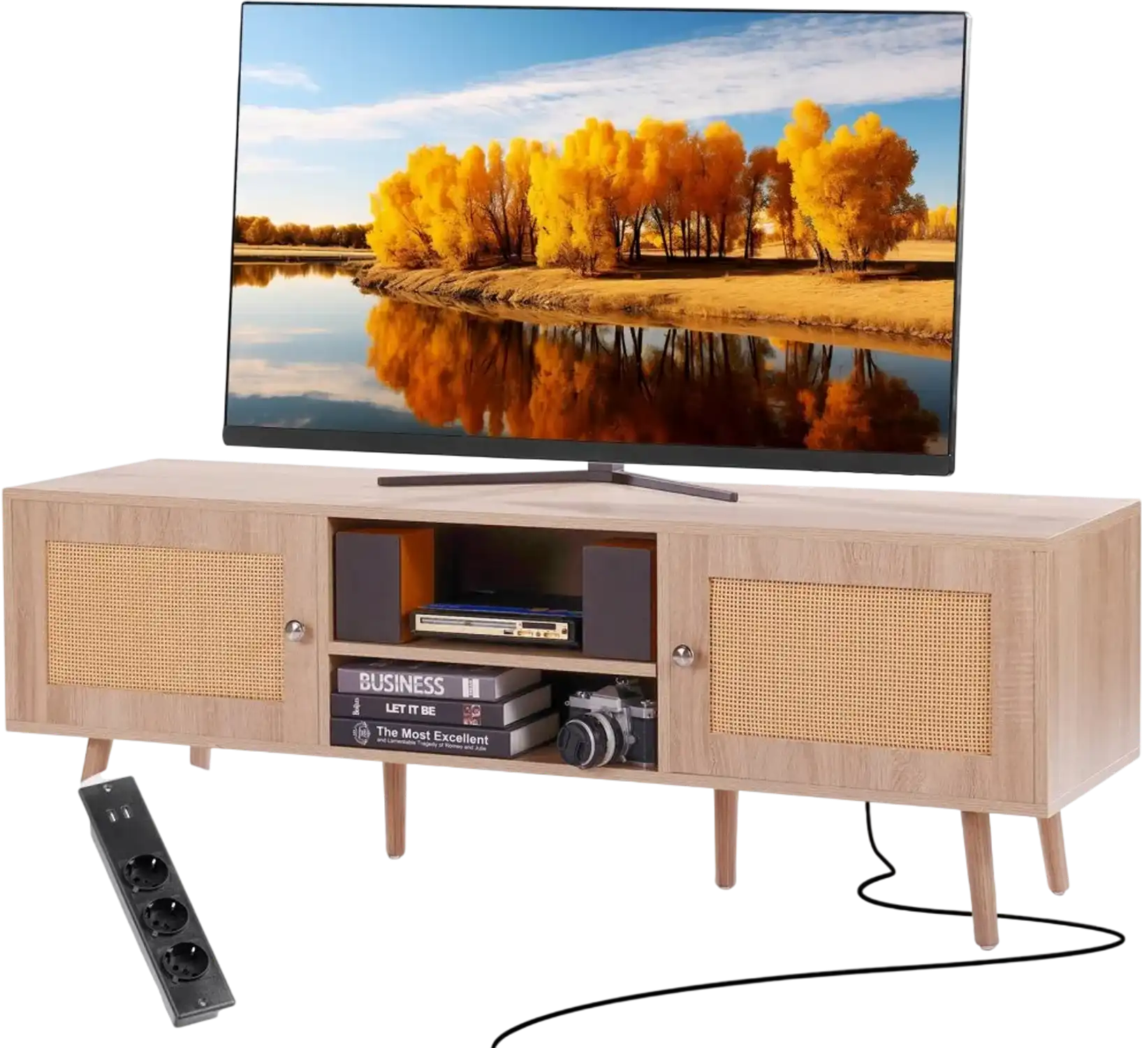 Vevor TV Stand Mid Century Modern Rattan Cabinet for 65