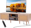 VEVOR Rattan TV Stand, Mid Century Modern TV Stand for 65 inch TV, Boho Rattan TV Cabinet with Build-in Socket and USB Ports, Adjustable Shelfs for Living Room, Media Room, Oak