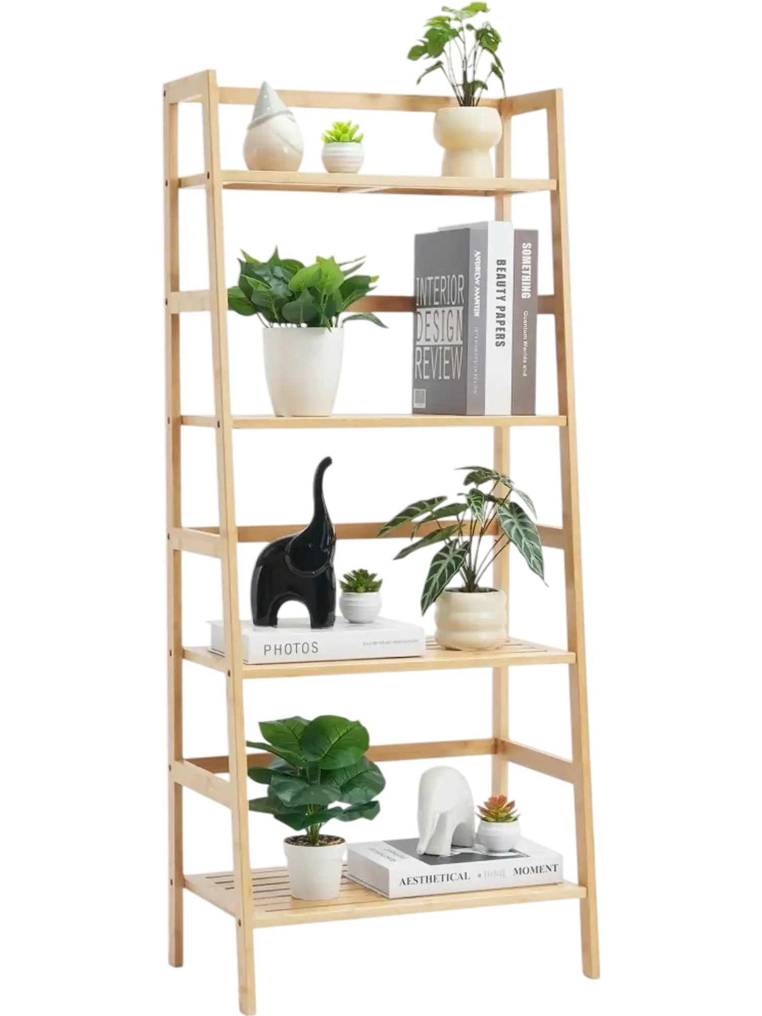 Vevor Bookshelf 4-Tier Bamboo Ladder Shelf Natural New