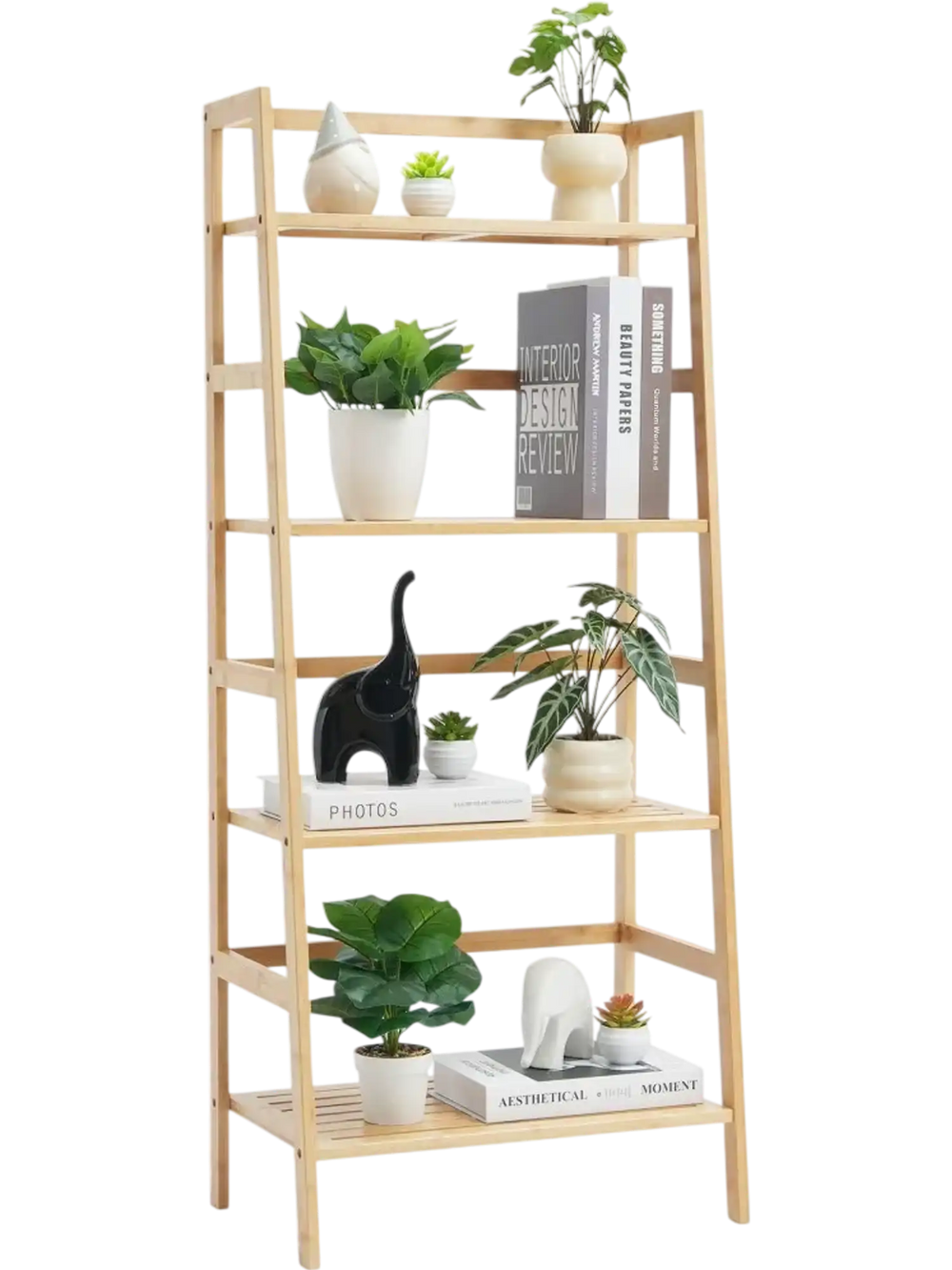 VEVOR 4-Tier Bamboo Ladder Shelf, Trapezoid Open Bookcase, Display Storage Rack Organizer, Freestanding Flower Plant Stand, Ladder Bookshelf Ideal for Bathroom, Bedroom, Office, Study, Natural
