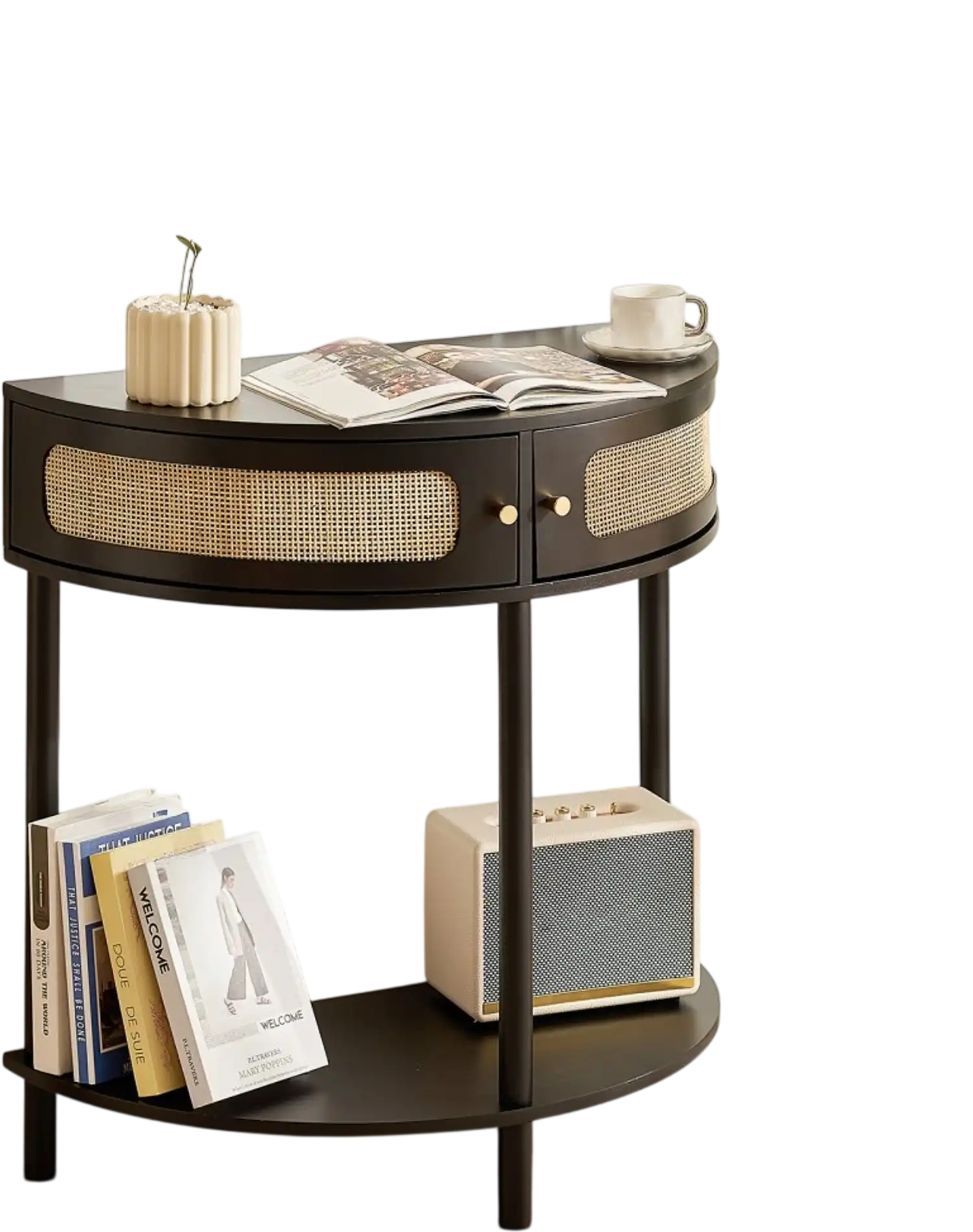Vevor Console Table Half Moon Rattan Entryway Storage Table Black New