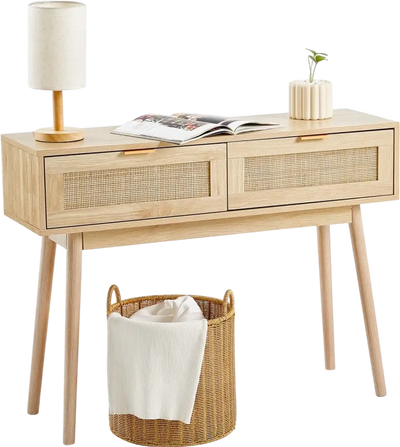 VEVOR Rattan Console Table with 2 Storage Drawers, Rattan Entryway Table with Natural Rattan Sliding Door, Console Sofa Table for Living Room, Study, Entryway Or TV Wall, Natural