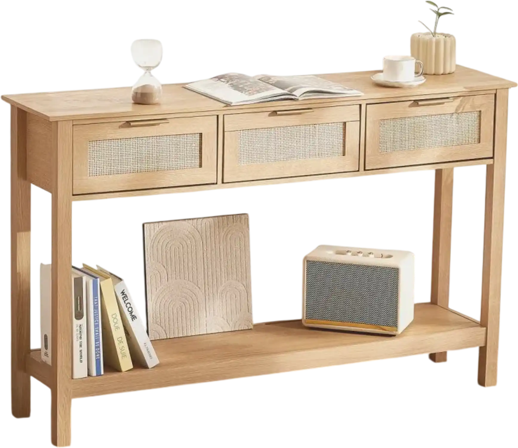 Vevor Console Table Rattan Entryway with 3 Drawers Natural New