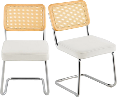VEVOR Rattan Dining Chairs Set of 2, Mid Century Modern Dining Chair, Upholstered Velvet Accent Chair with Rattan Back, Retro Dining Room Kitchen Chair for Living Room, Bedroom, Office (18.1 Inch)