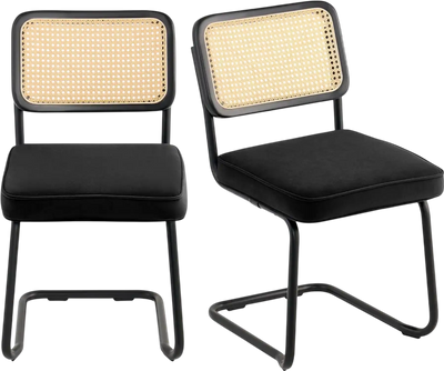 Vevor Dining Chairs Set of 2 Mid Century Modern Rattan Back Velvet Accent Chairs Black New