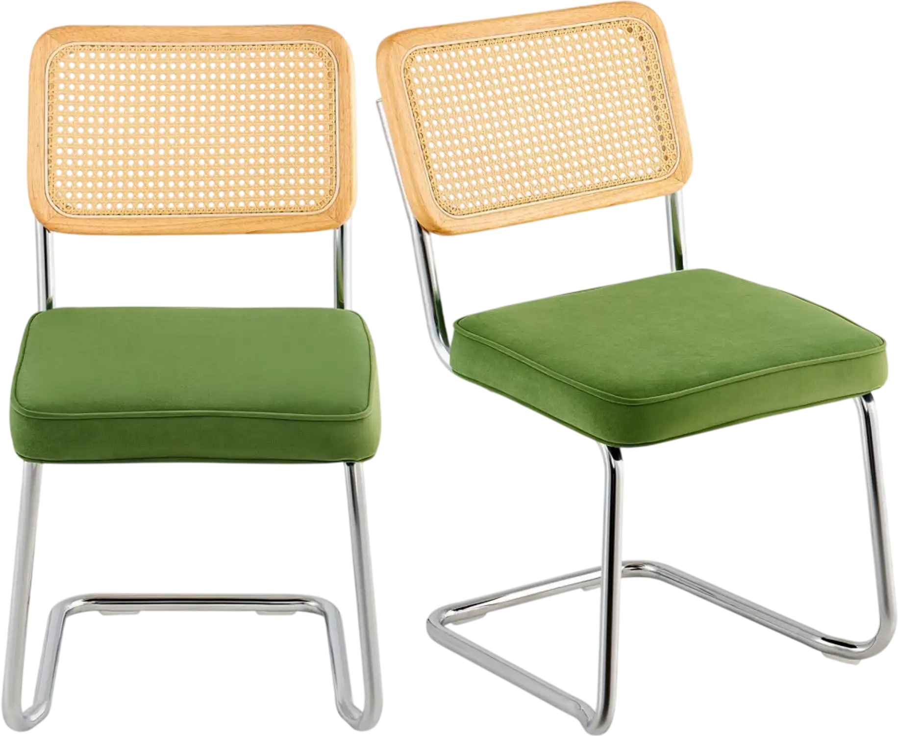 Vevor Dining Chairs Set of 2 Mid-Century Modern Rattan Back Velvet Accent Chairs Green New
