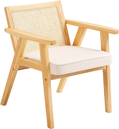 Vevor Chair Mid Century Modern Rattan Accent Chair with Upholstered Seat and Armrests Beige New
